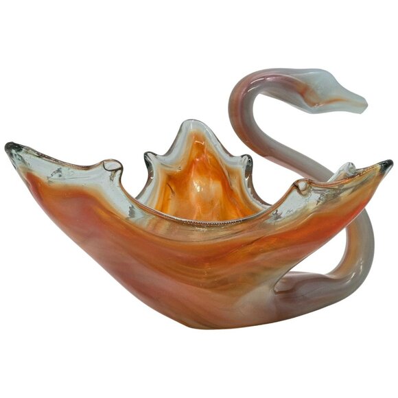 Murano Style Art Glass Swan Dish Amber White Hand Blown Sculptural Centerpiece - Picture 9 of 12